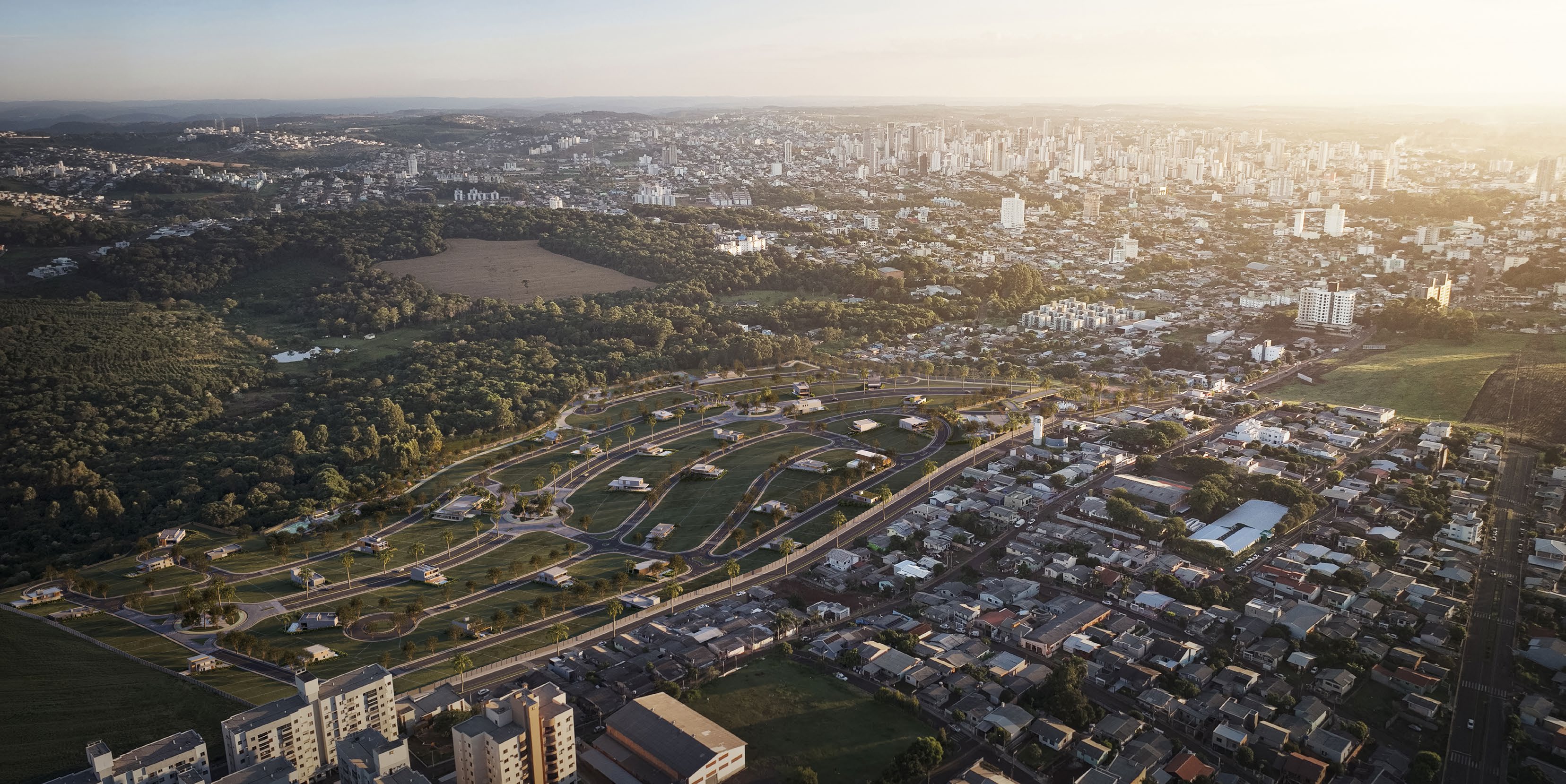 Vista aérea do projeto Vivens integrado à paisagem urbana de Chapecó